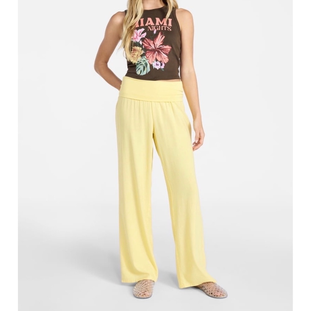 No Boundaries Beach Pant Women XL Yellow Foldover Relax Wide Leg Linen Blend NEW